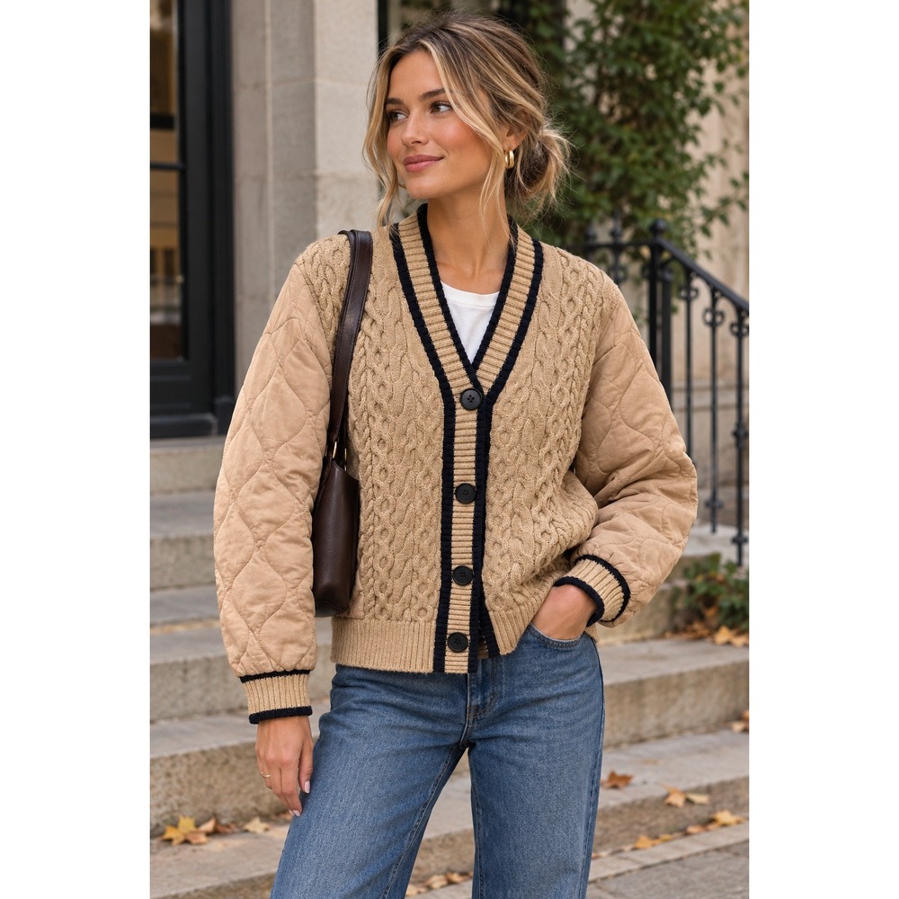 Minkas Tan Quilted Mixed Media Cable Knit Cardigan Jacket Women S/M